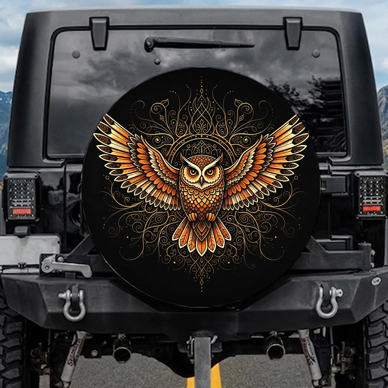 Magnificent Stylized Owl Outstretched Wings Intricate Feather Patterns - Wildlife Lover Gift Spare Tire Cover - 1