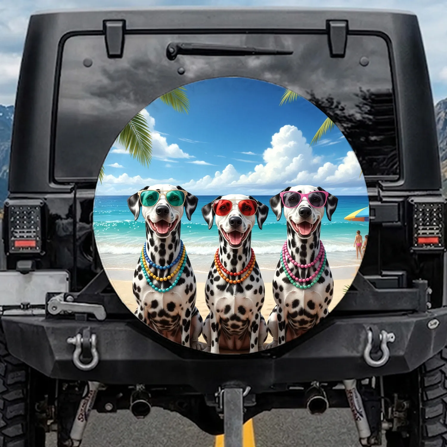 Dalmatian Dogs Mirrored Sunglasses Beaded Necklaces Ocean Beach - Coastal Lifestyle Gift Spare Tire Cover - 1