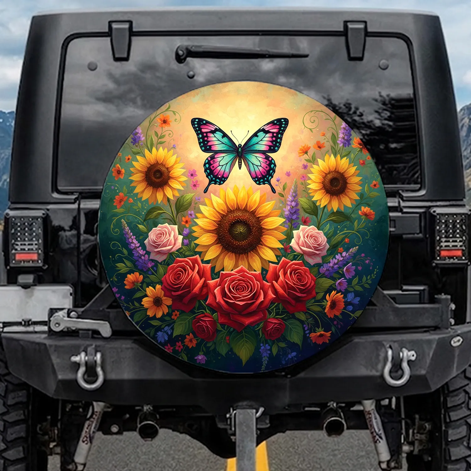 Iridescent Butterfly Golden Sunflower Rose Wildflower Garden Nature Lover Gift Spare Tire Cover - 1