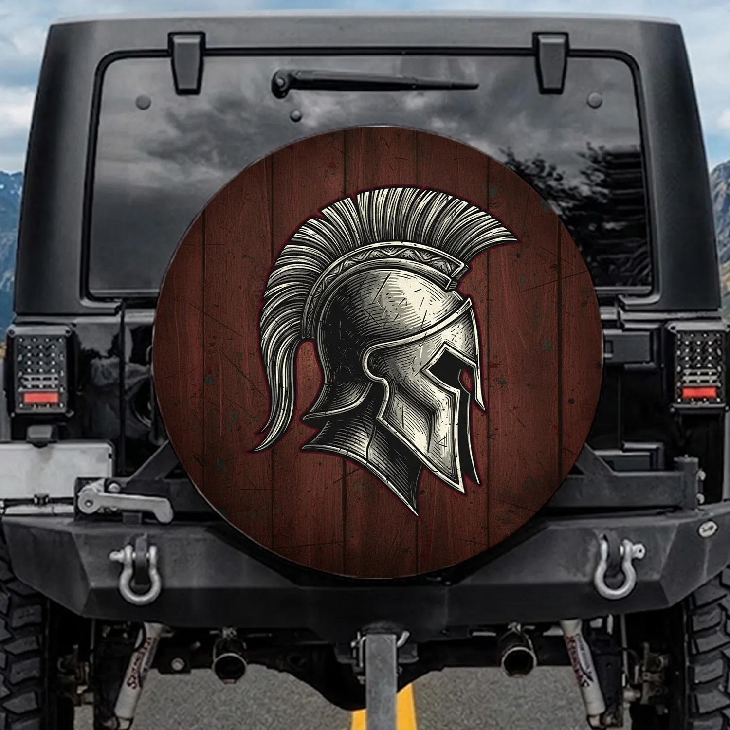 Spartan Warrior Helmet Distressed Wood - Ancient History Lover Gift Spare Tire Cover - 1