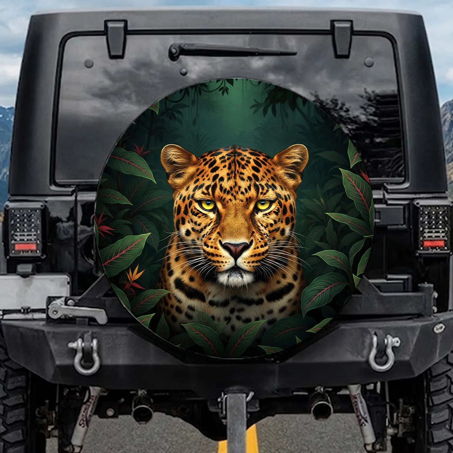 Vibrant Orange Leopard Head Tropical Jungle Foliage - Wildlife Lover Gift Spare Tire Cover - 1