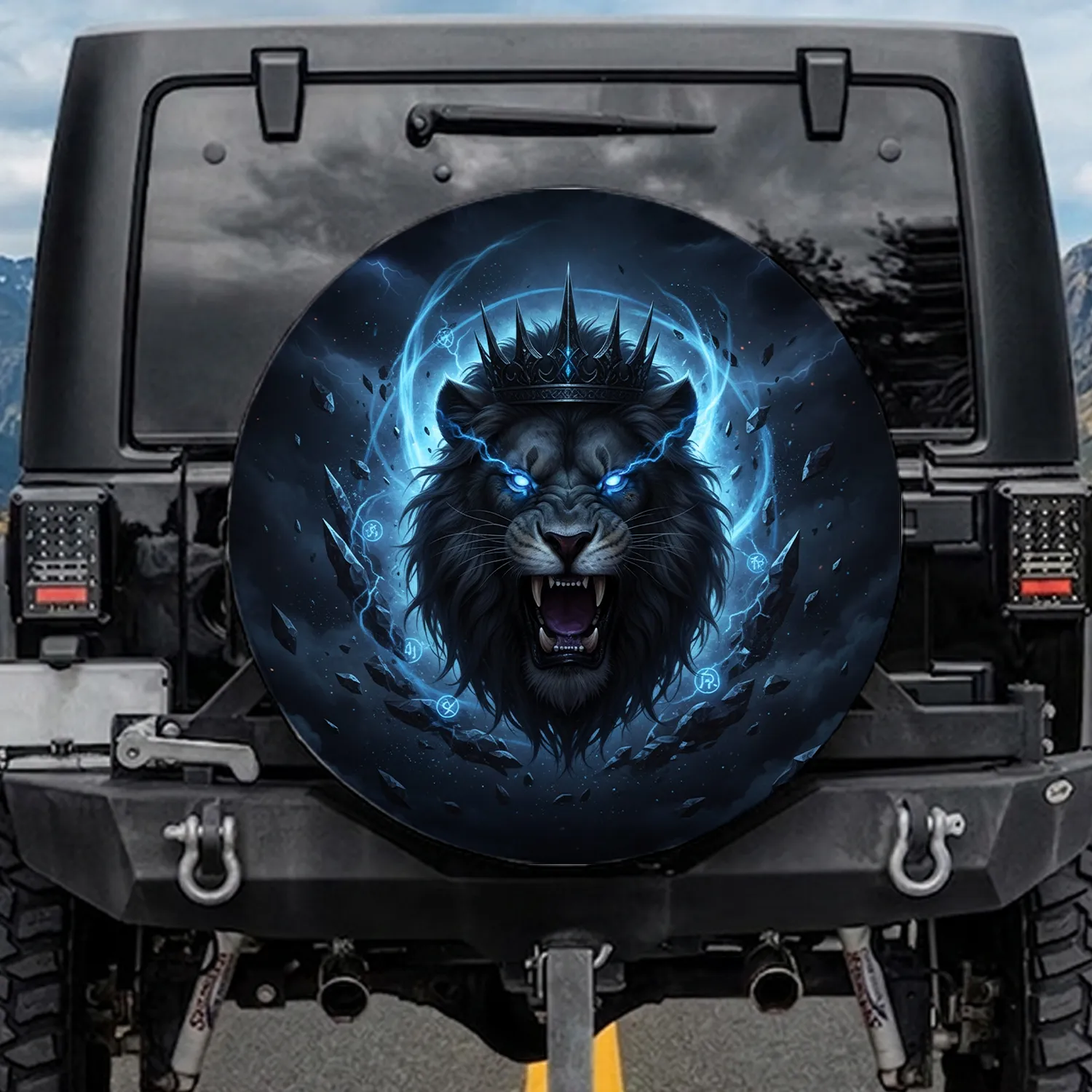 Ferocious Roaring Dark Lion Head with Crown, Electric Blue Eyes - Adventure Enthusiast Gift Spare Tire Cover - 1