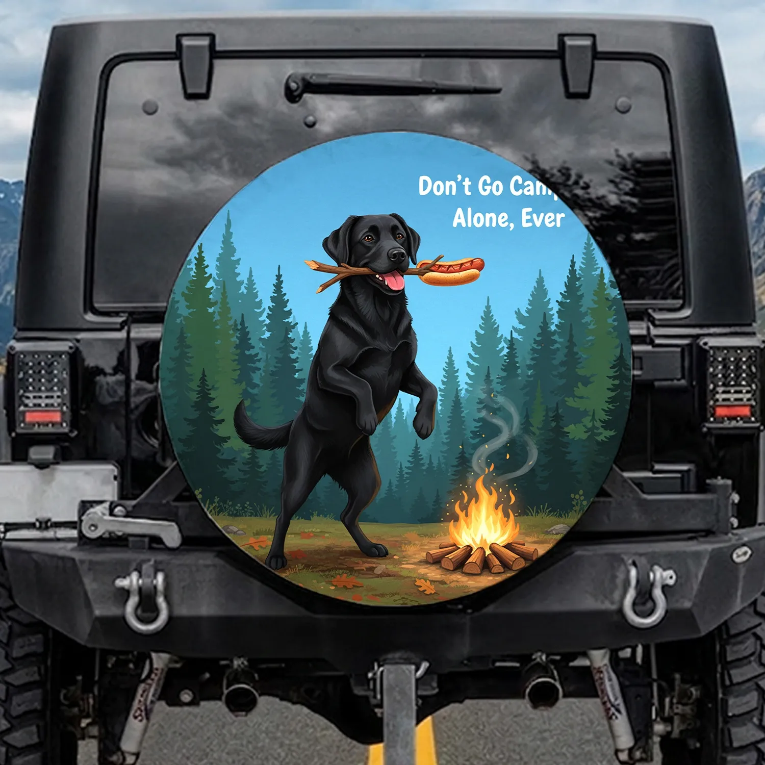 Black Labrador Hot Dog Campfire 'Don't Go Camping Alone' - Camping Road Trip Gear Spare Tire Cover - 1