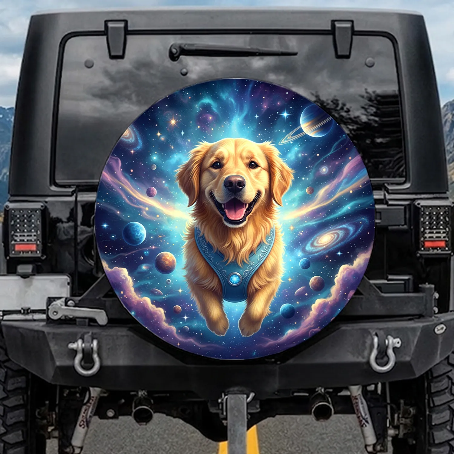 Golden Retriever Floating Space Nebula Ringed Planets - Car Decor Gift for Dog Lovers Spare Tire Cover - 1