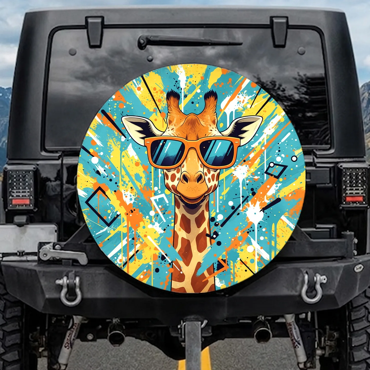 Giraffe Head Sunglasses Paint Splatters - Wildlife Lover Gift for Giraffe Lover Spare Tire Cover - 1
