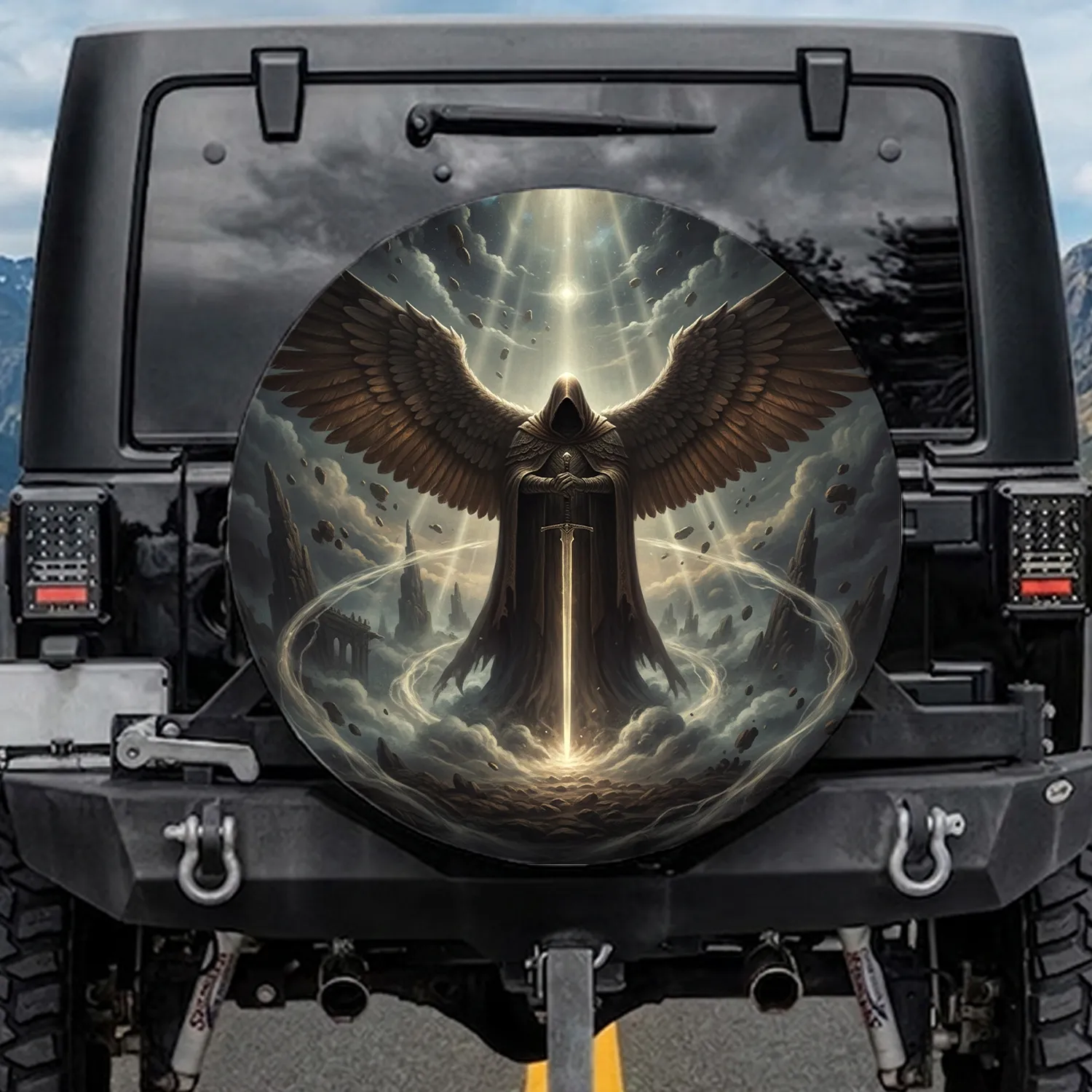 Dark Winged Figure Longsword Ethereal Mists Gothic Ruin - Dark Fantasy Enthusiast Gift Spare Tire Cover - 1
