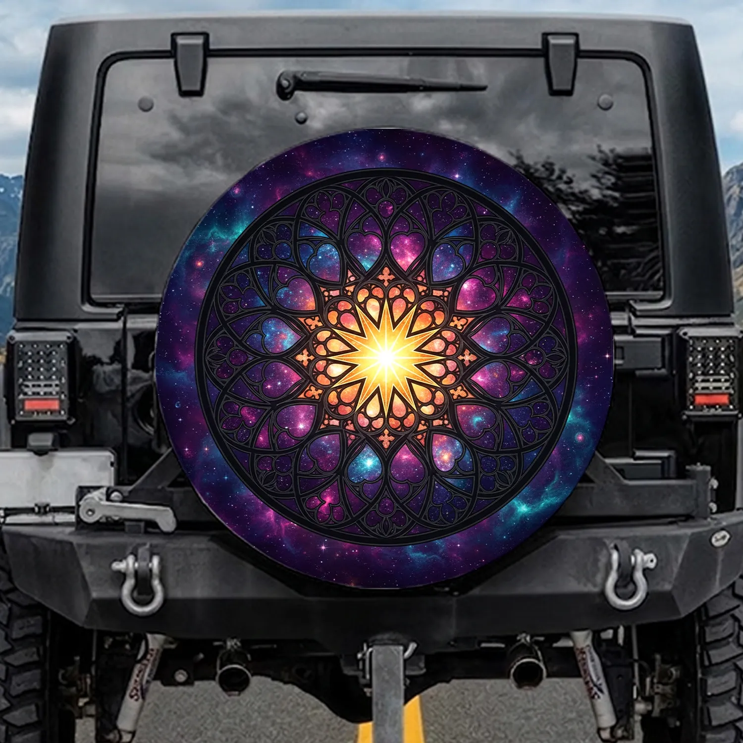 Stained Glass Cosmic Rosette Golden Star Galaxy - Astronomy Lover Gift Spare Tire Cover - 1