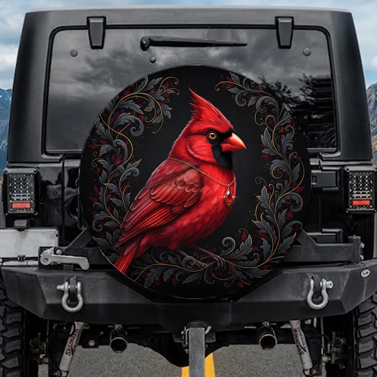 Crimson Bird Golden Chain Ruby Pendant Dark Foliage - Luxury Car Decor Gift for Bird Lovers Spare Tire Cover - 1