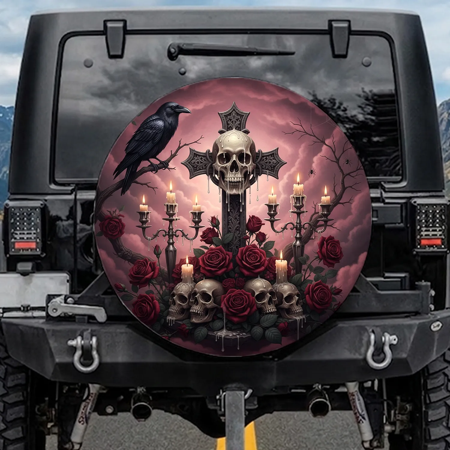 Impaled Skull Gothic Cross Roses Raven Spiderwebs - Halloween Decor Gift for Goth Fan Spare Tire Cover - 1