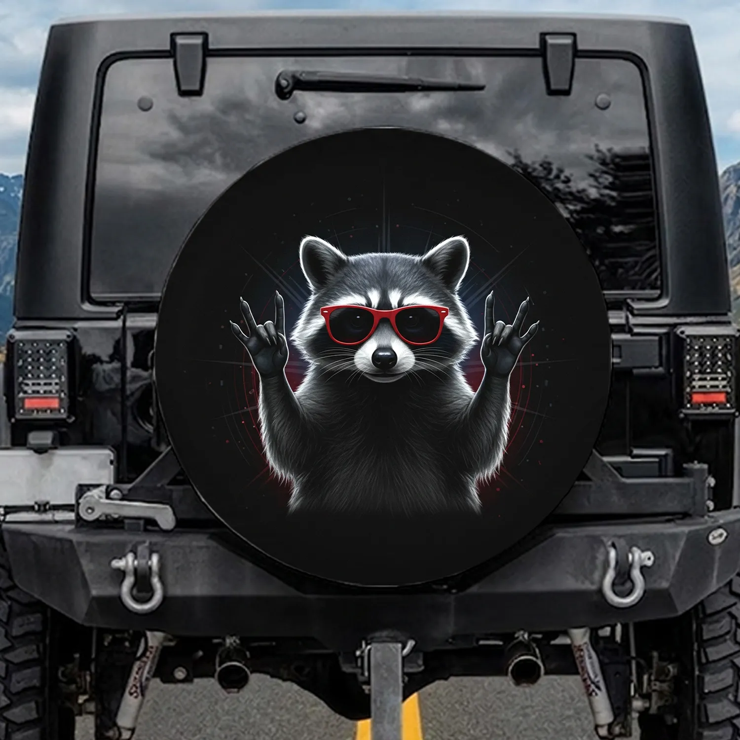 Raccoon Red Sunglasses Rock On Gesture - Music Fan Gift Spare Tire Cover - 1