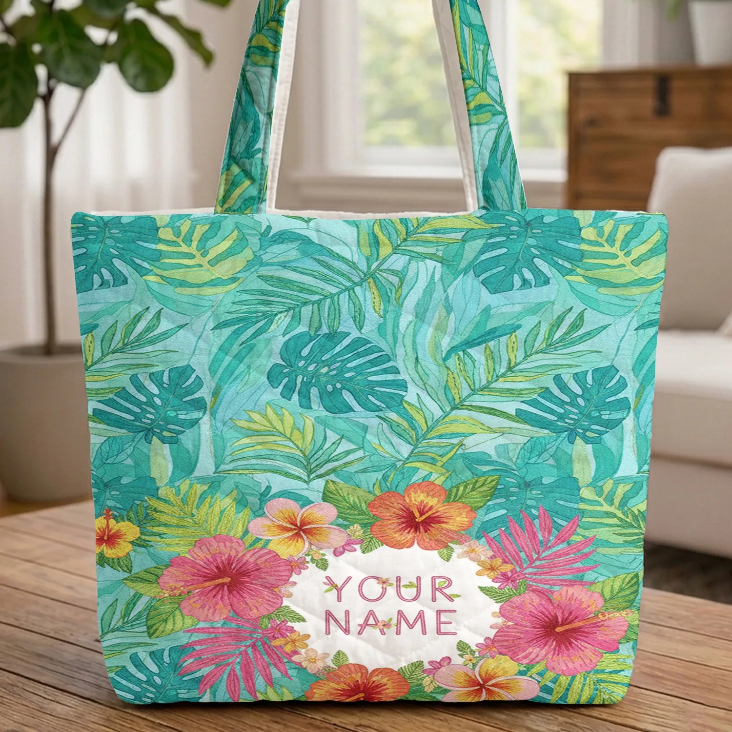 Personalized Name Tropical Plumeria Hibiscus Quilted Leaves - Everyday Carry Gift Quilted Tote Bag - 1