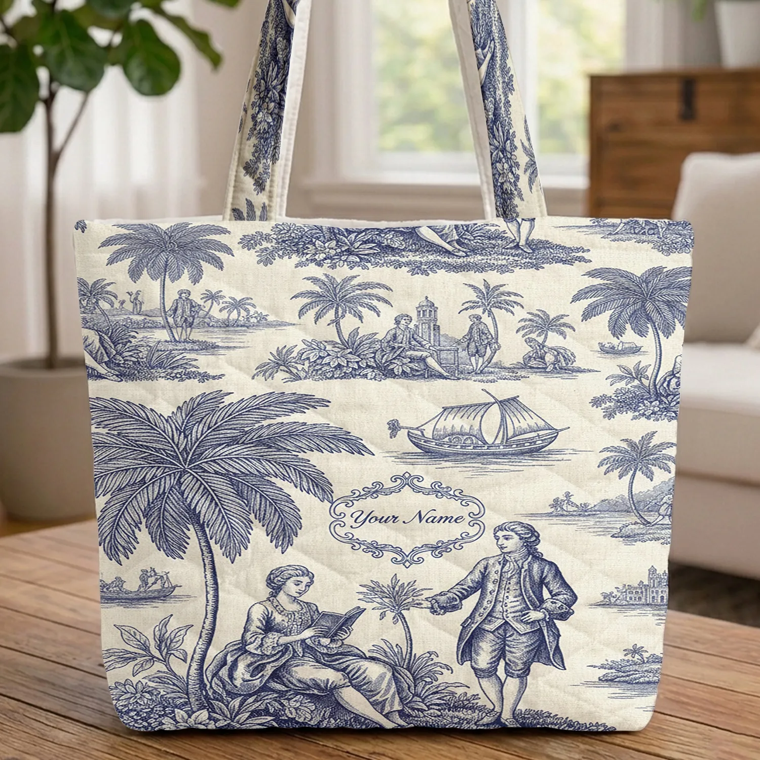 Personalized Name 18th Century Toile Figures Tropical River Scene - Everyday Carry Gift Quilted Tote Bag - 1