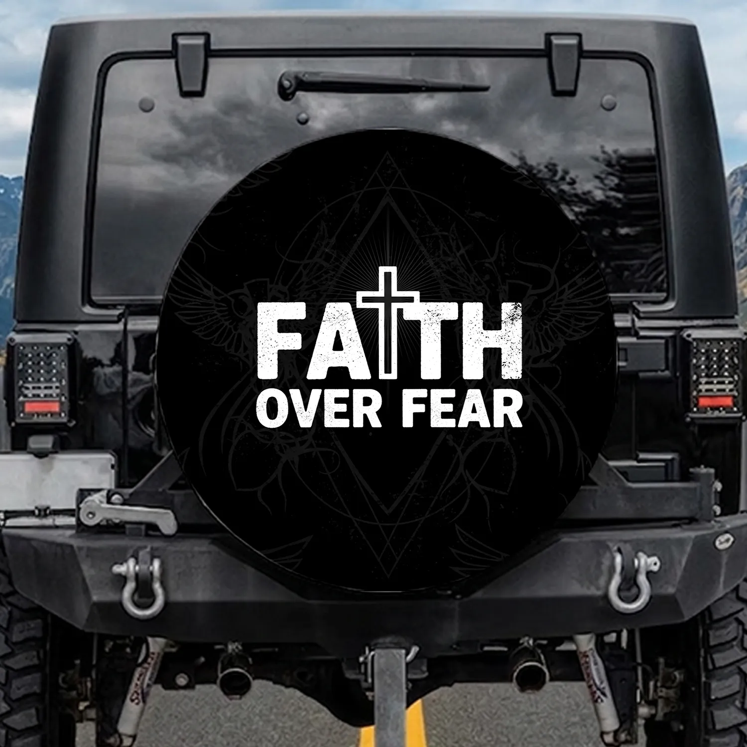 FAITH OVER FEAR Cross Text - Christian Lifestyle Spiritual Strength Gift for Believers Spare Tire Cover - 1