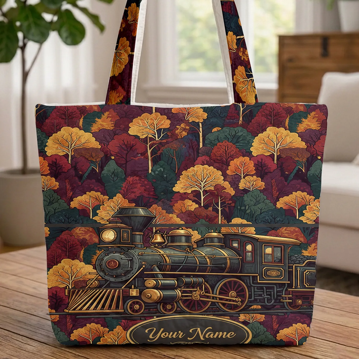 Ornate Vintage Steam Train Name Oval Deep Autumn Forest - Travel Essentials Journey Gift Quilted Tote Bag - 1