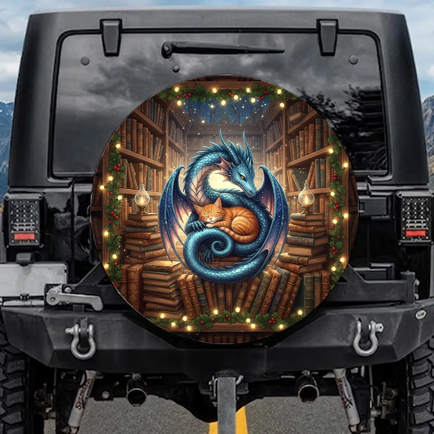 Fantasy Dragon Sleeping Cat Library Bookshelf Evergreen Holly - Fantasy Lover Car Decor Gift Spare Tire Cover - 1