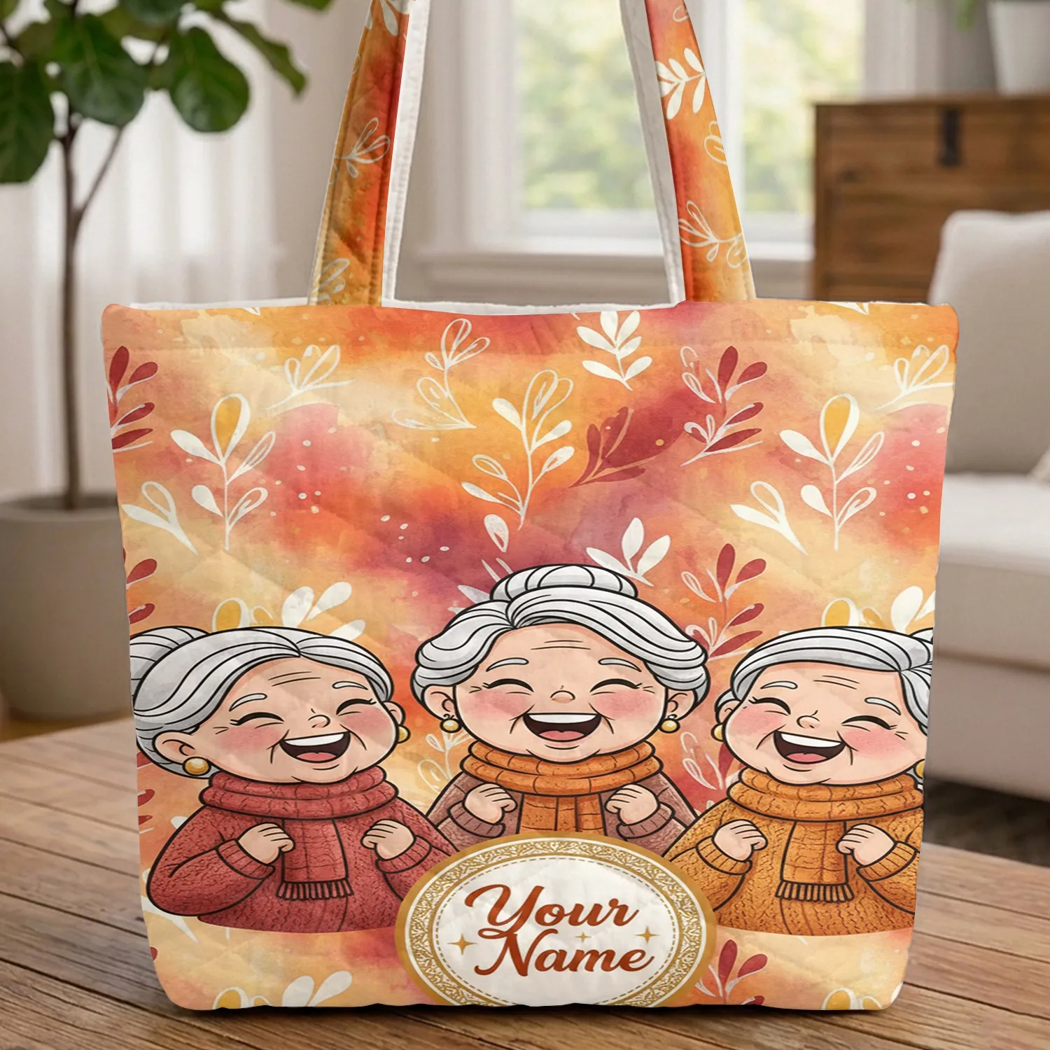 Laughing Elderly Women Cartoon Your Name Medallion Everyday Carry Gift for Grandmas Quilted Tote Bag - 1
