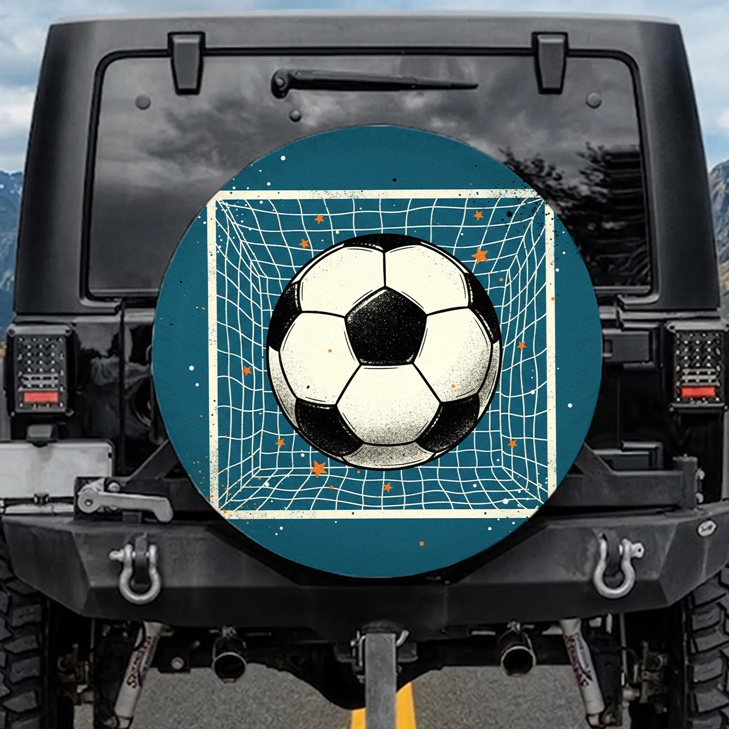 Classic Black White Soccer Ball with Goal Net and Stars - Sports Fan Vehicle Accessory Spare Tire Cover - 1