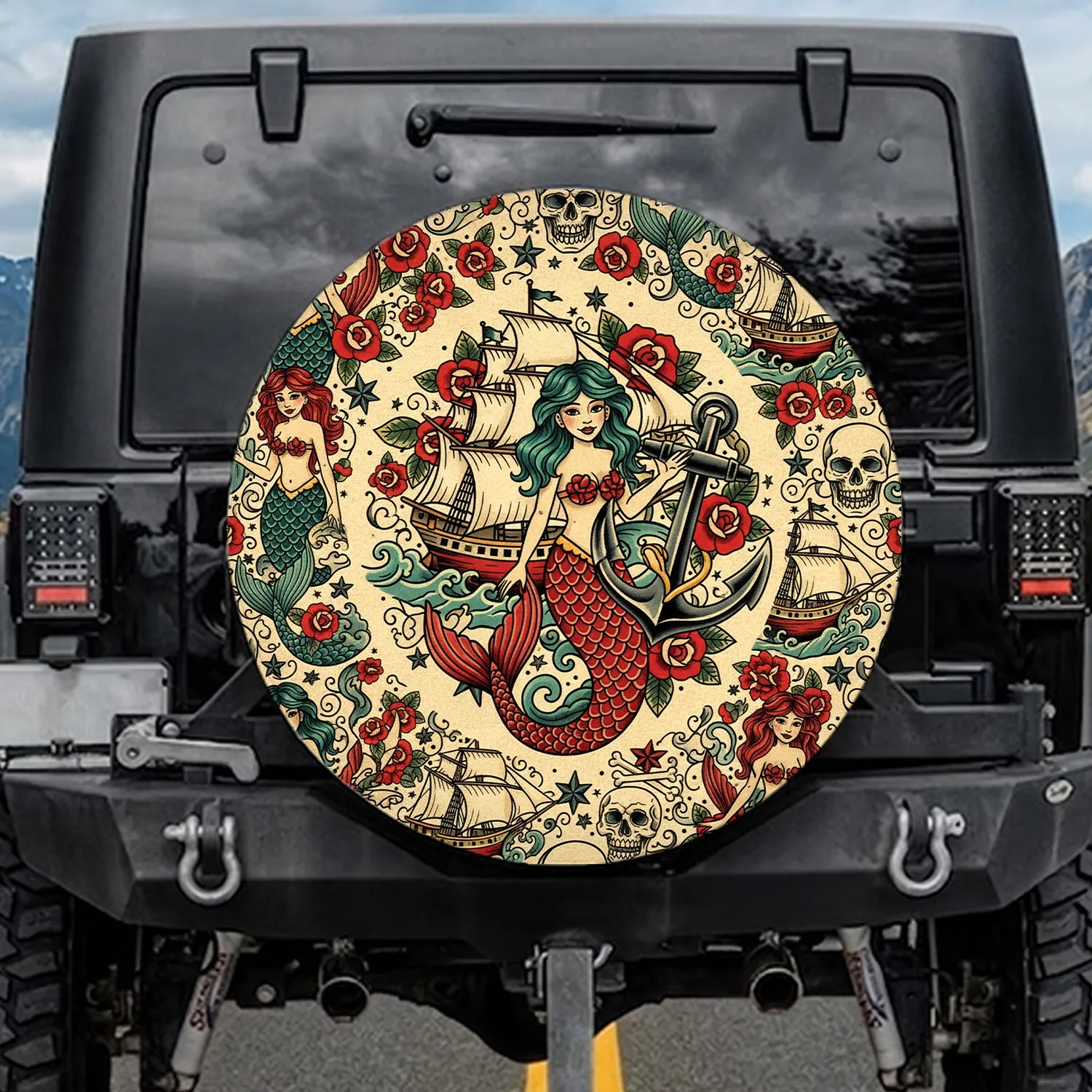 Nautical Mermaid Tall Ship Skulls Roses Crossbones - Adventure Lover Gift Spare Tire Cover - 1