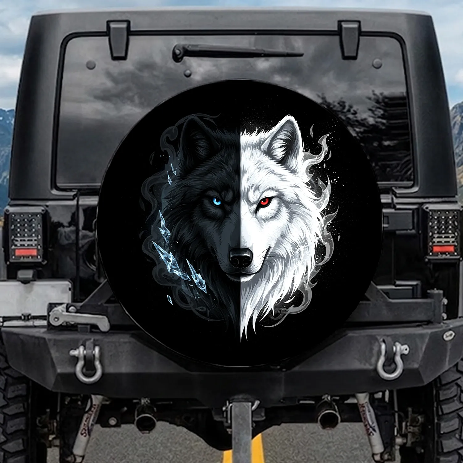 Duality Wolf Head Contrasting Fur Eye - Wildlife Lover Gift Spare Tire Cover - 1