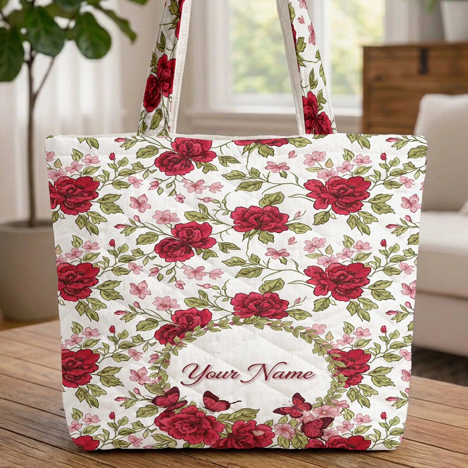 Vibrant Butterflies Red Roses Floral Wreath Personalized - Everyday Carry Gift Quilted Tote Bag - 1