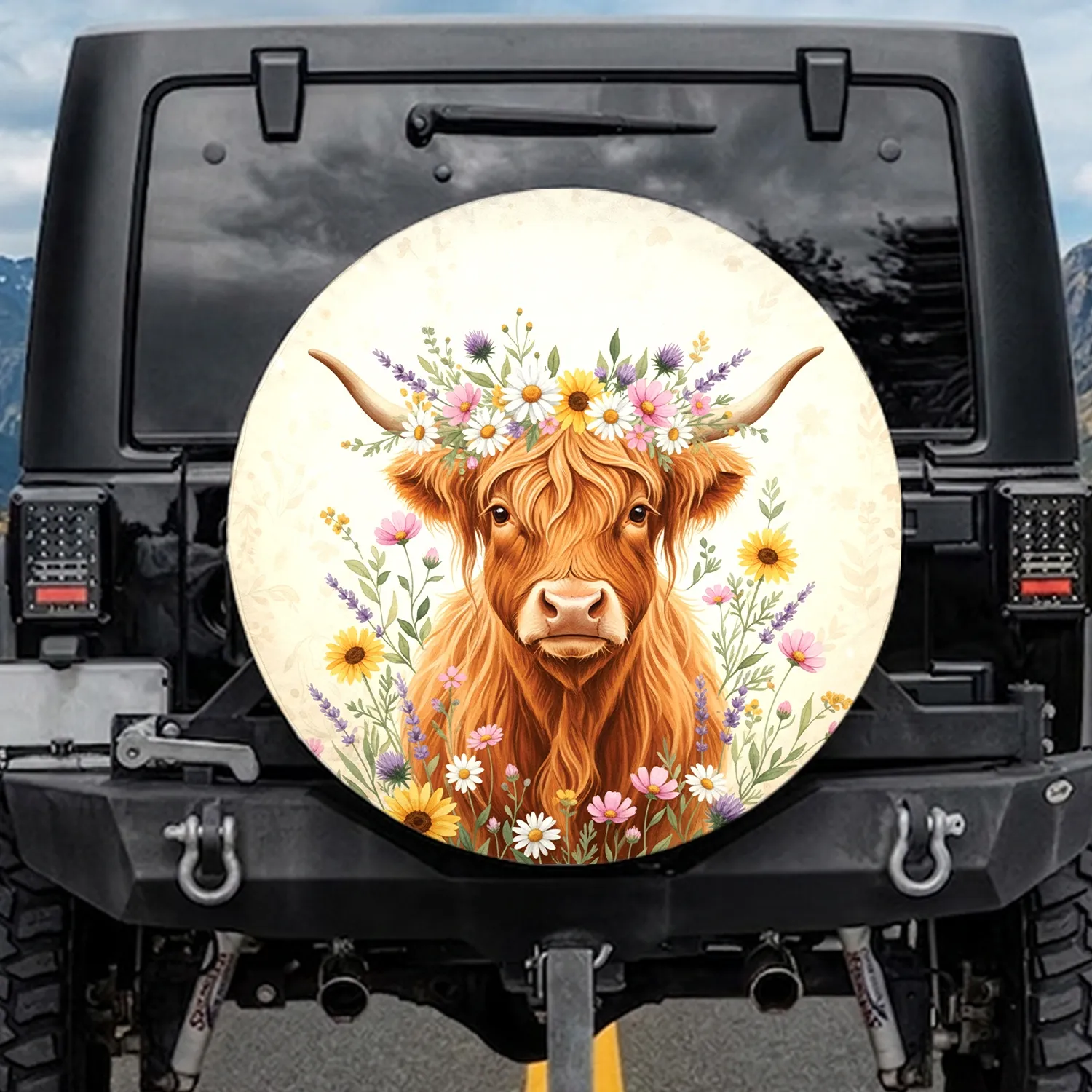 Highland Cow Wildflower Meadow - Farmhouse Decor Gift for Cow Lover Spare Tire Cover - 1