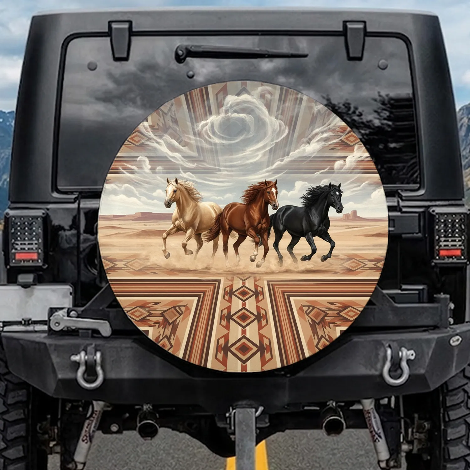 Majestic Galloping Horses Desert Landscape - Native Inspired Equestrian Gift Spare Tire Cover - 1