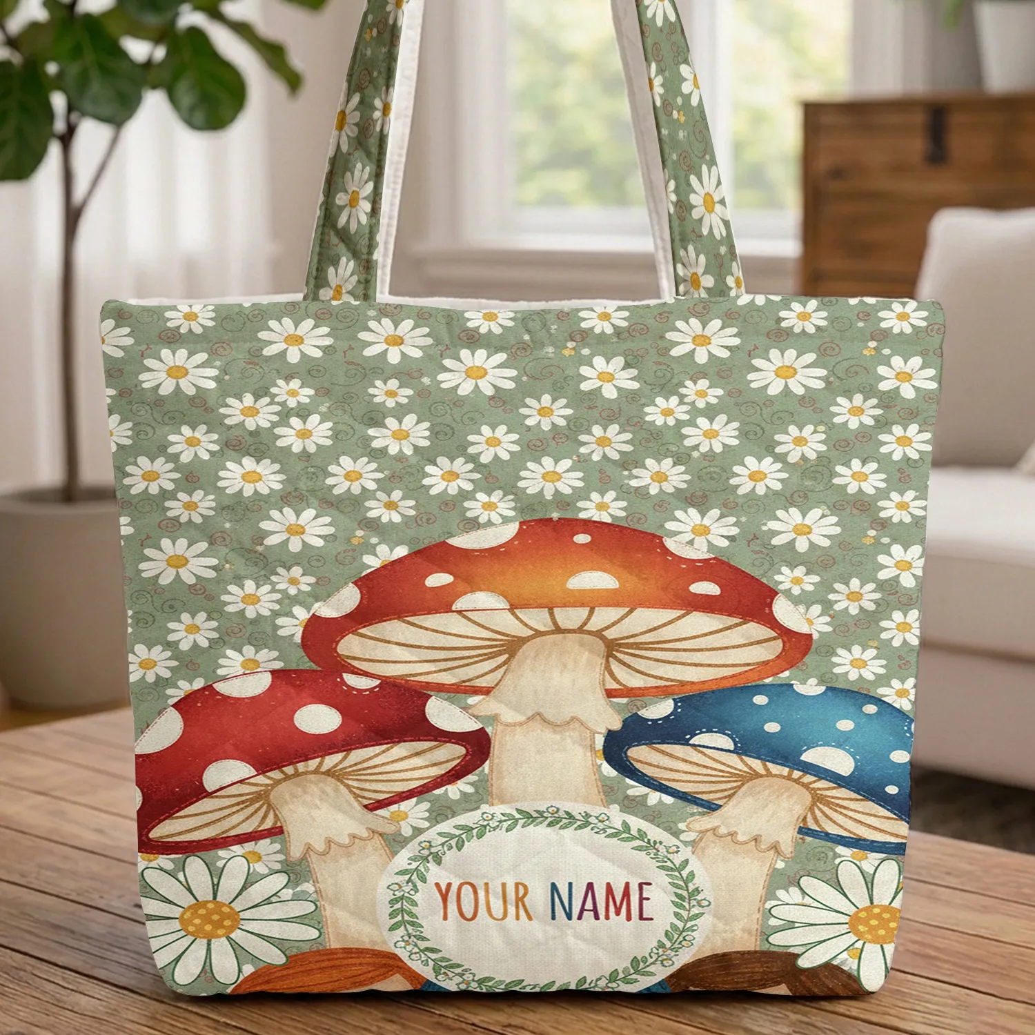 Three Mushrooms Two Daisies Floral Wreath - Everyday Carry Gift Quilted Tote Bag - 1
