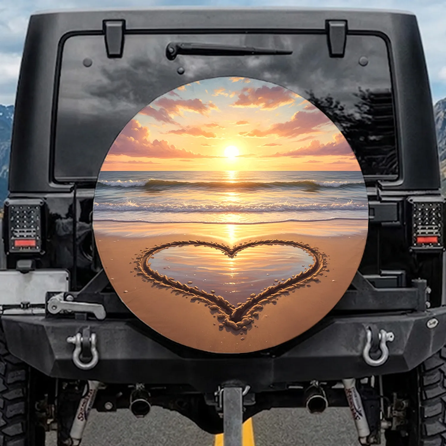 Heart Wet Sand Beach Sunset Ocean - Coastal Vehicle Decor Gift Spare Tire Cover - 1