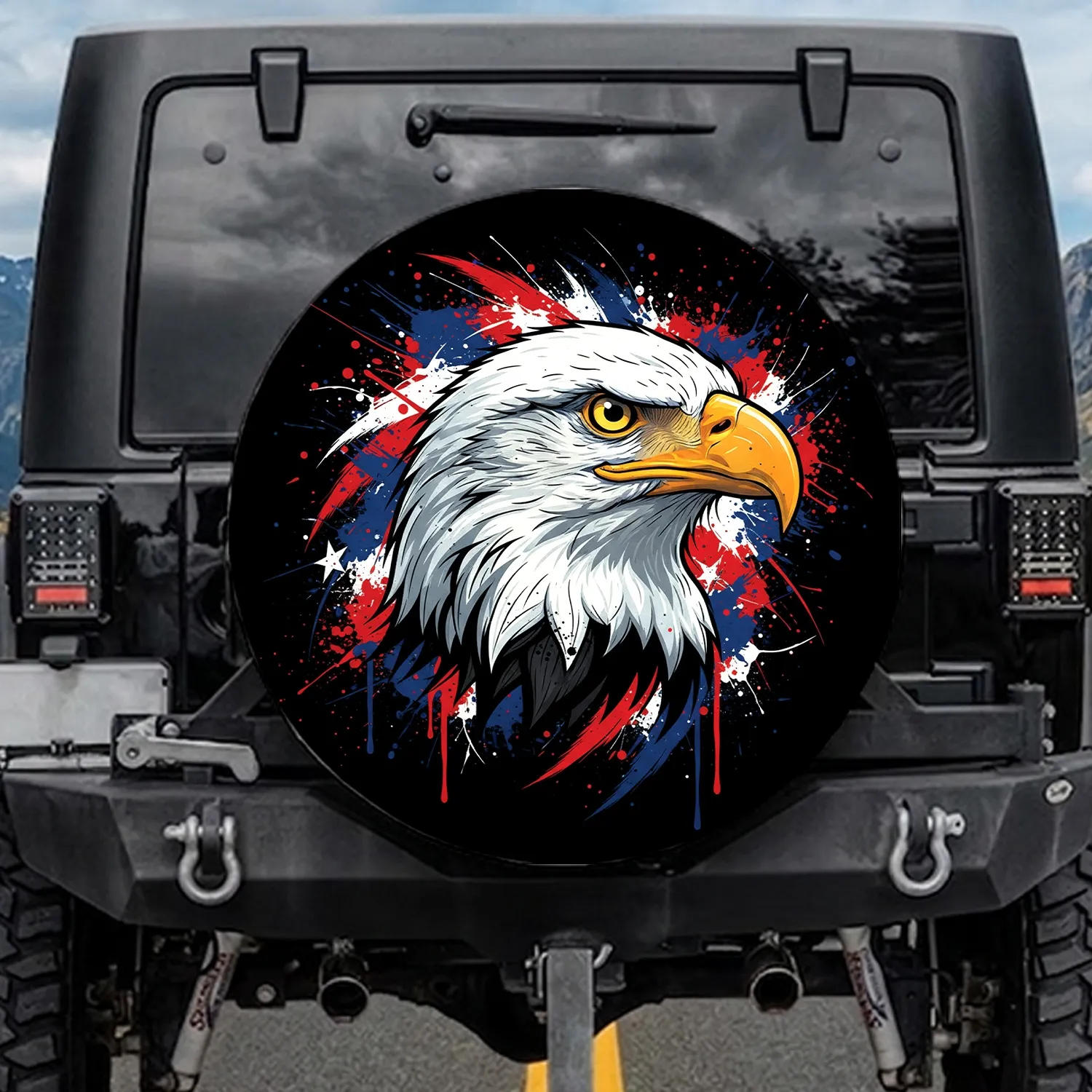 Golden Beak Bald Eagle USA Flag Patriotic Decor - Independence Day Gift for Dad Spare Tire Cover - 1