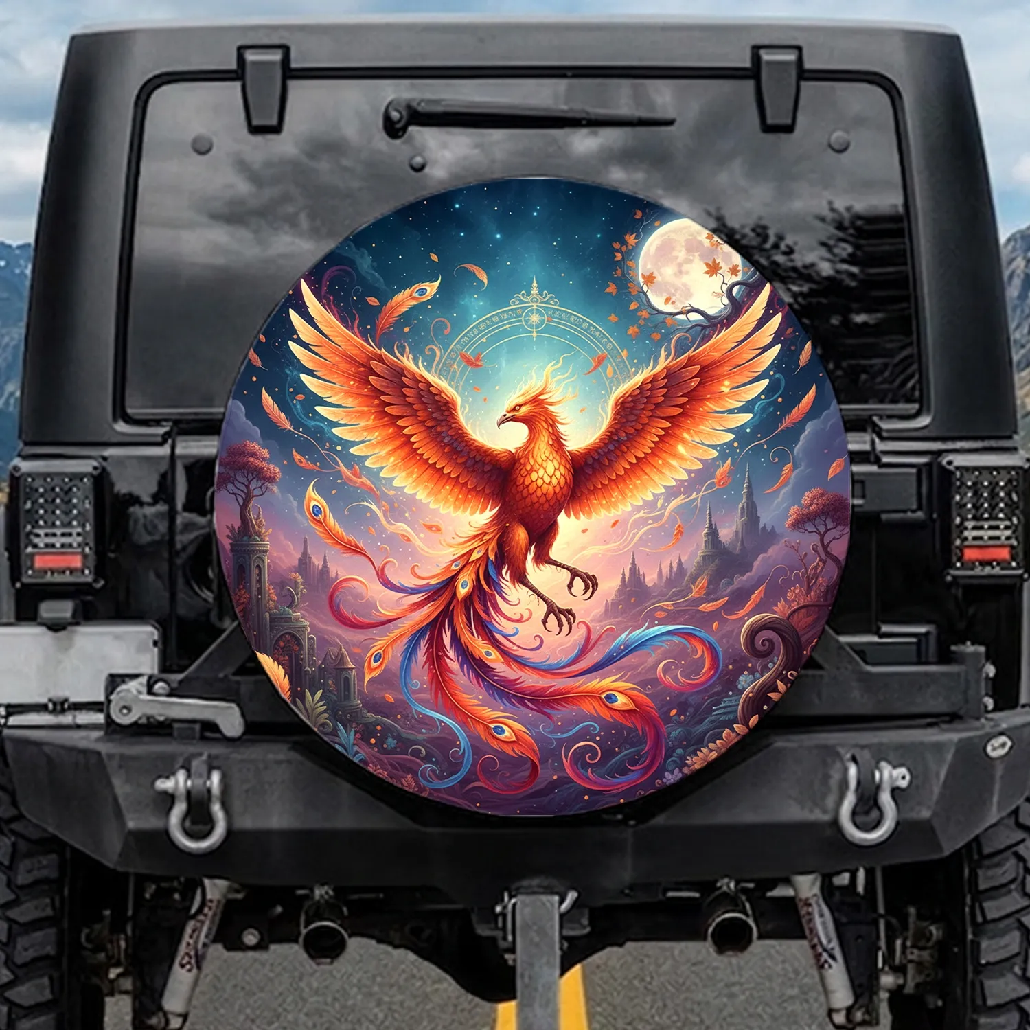Phoenix Fiery Wings Glowing Night Sky Full Moon Mystical Lover Gift Spare Tire Cover - 1