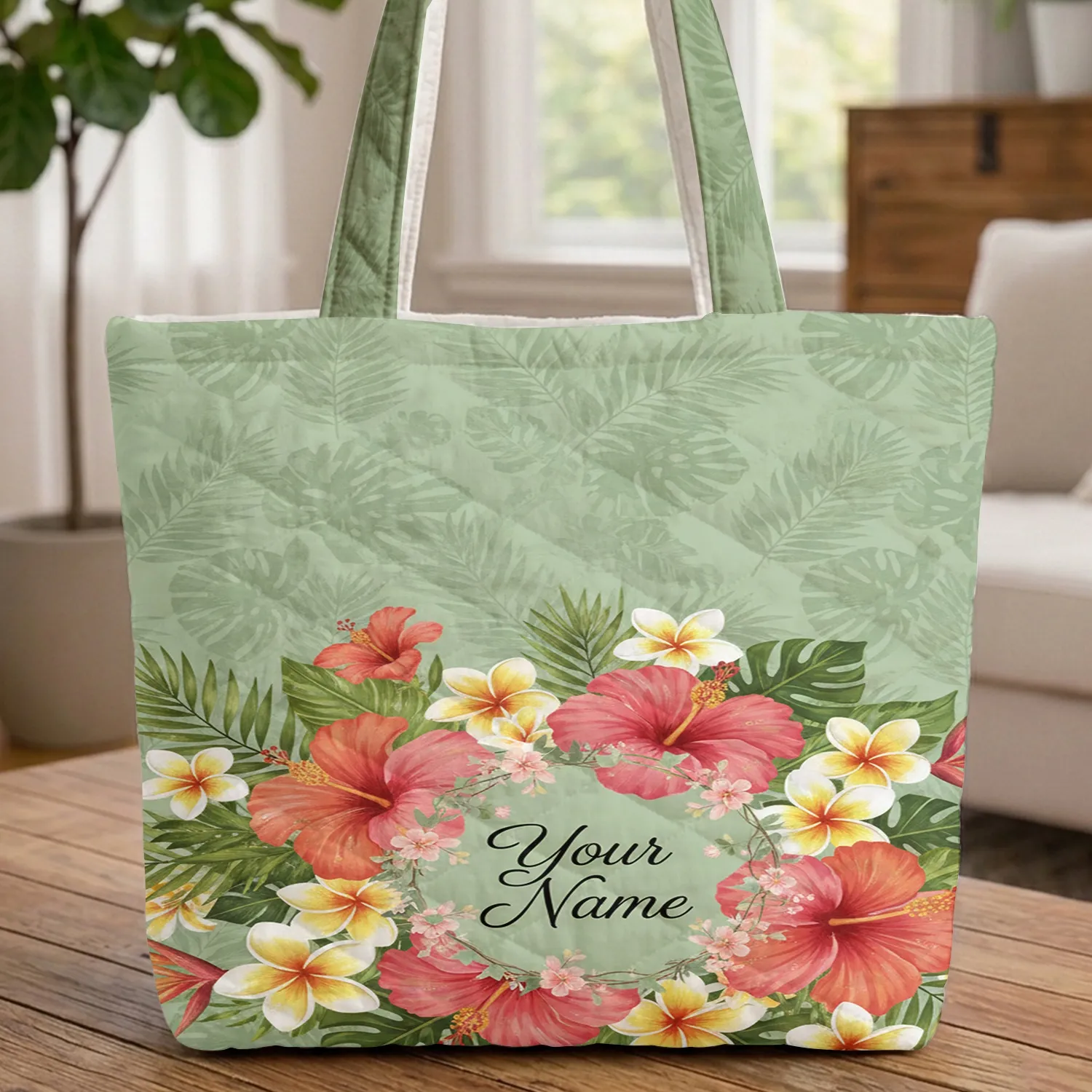 Tropical Palm Fronds Hibiscus Plumeria Floral Wreath - Everyday Carry Gift Quilted Tote Bag - 1