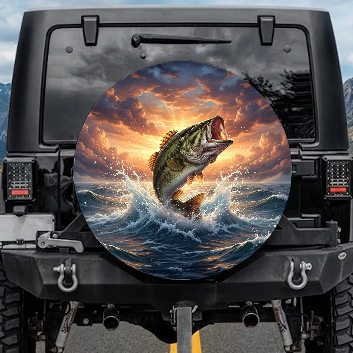 Leaping Game Fish Turbulent Water Sunset - Fishing Lover Gift Spare Tire Cover - 1