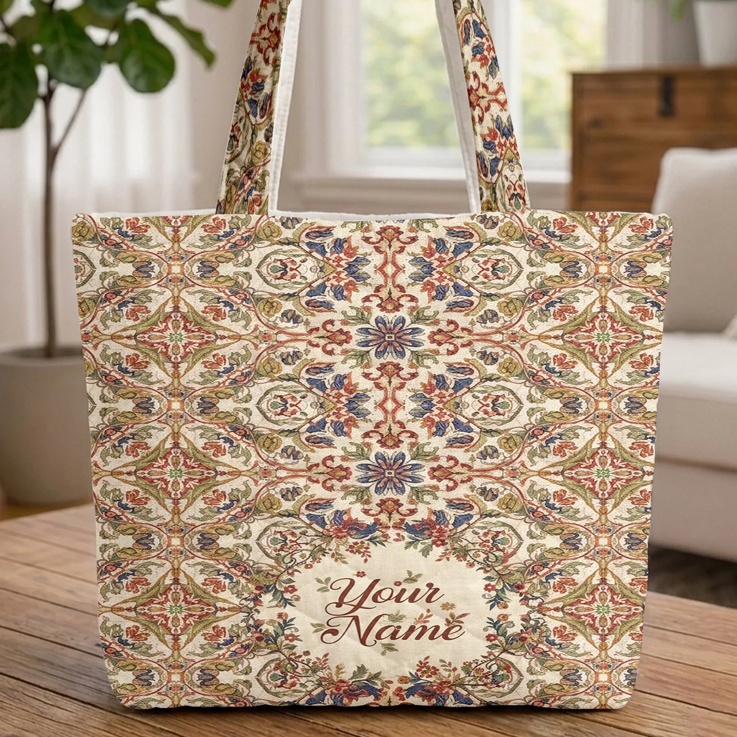 Botanical Floral Wreath Scrolling Vines Blossoms Tapestry - Everyday Carry Gift Quilted Tote Bag - 1