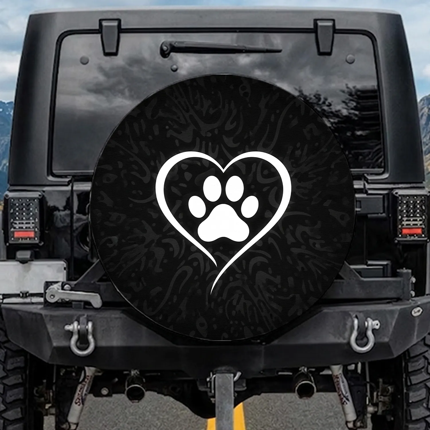 White Paw Print Heart Love Symbol - Pet Lover Car Accessory Gift for Animal Lovers Spare Tire Cover - 1