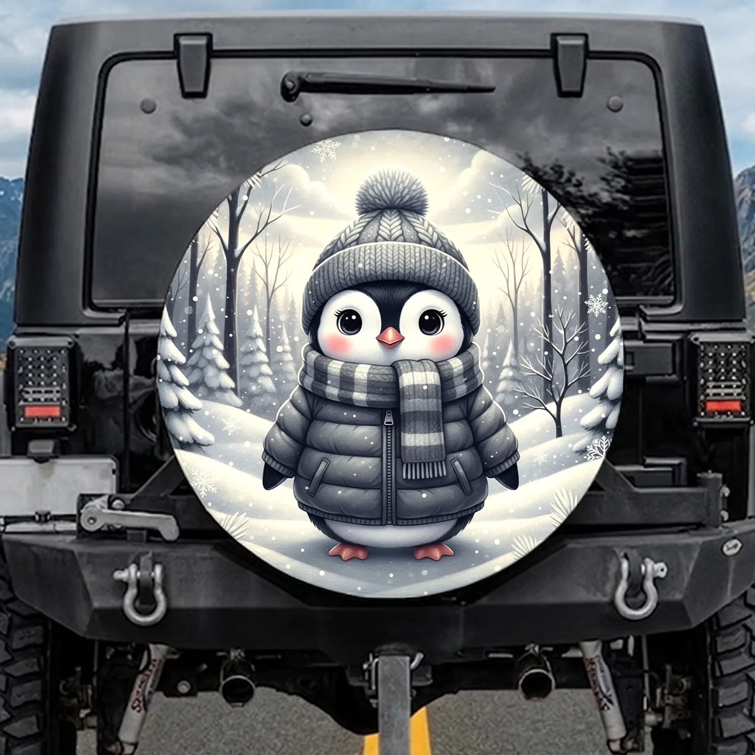 Cute Penguin Pom-Pom Beanie Winter Scene - Christmas Holiday Gift Spare Tire Cover - 1