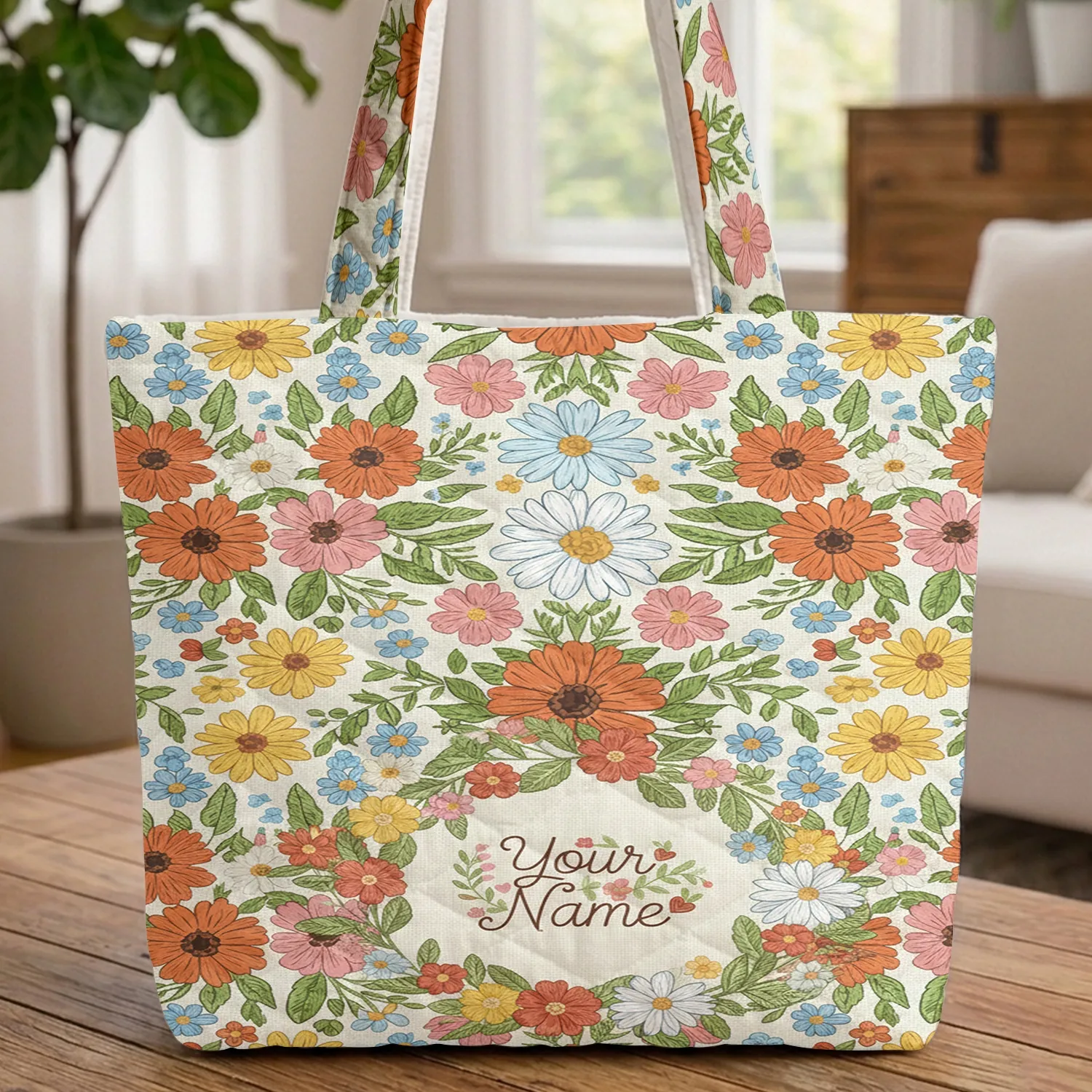Personalized Name Flower Wreath Daisies Blossoms Florets - Everyday Carry Gift Quilted Tote Bag - 1