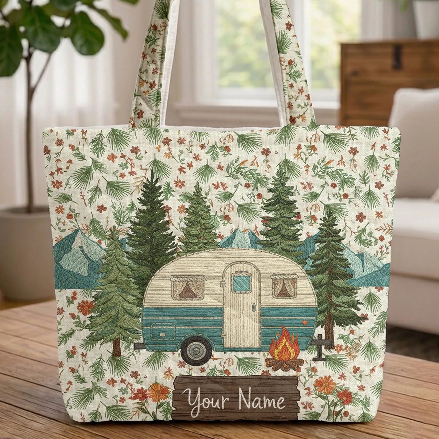 Vintage Camper Van Pine Trees Campfire Mountains - Road Trip Adventure Gift Quilted Tote Bag - 1