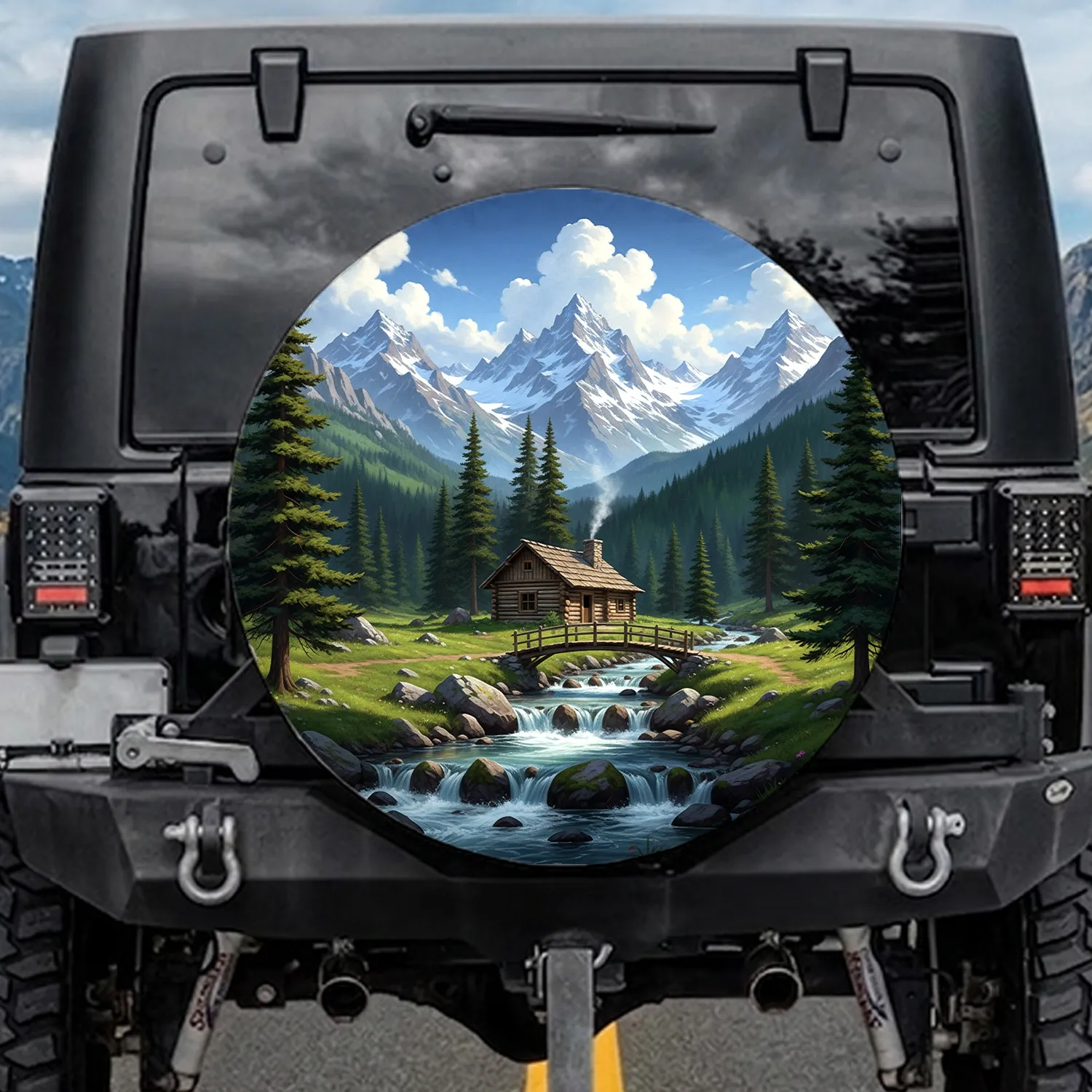 Rustic Log Cabin Mountain Stream Pine Forest Snow Peaks - Outdoor Adventure Decor Spare Tire Cover - 1
