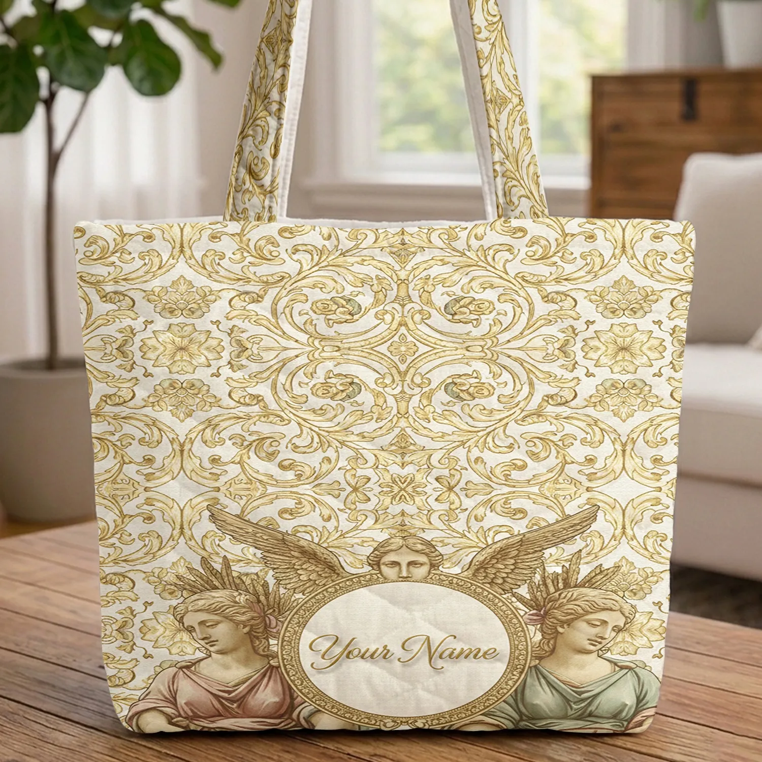 Winged Angelic Figure Classical Busts Baroque Scrollwork Medallion Everyday Carry Gift Quilted Tote Bag - 1