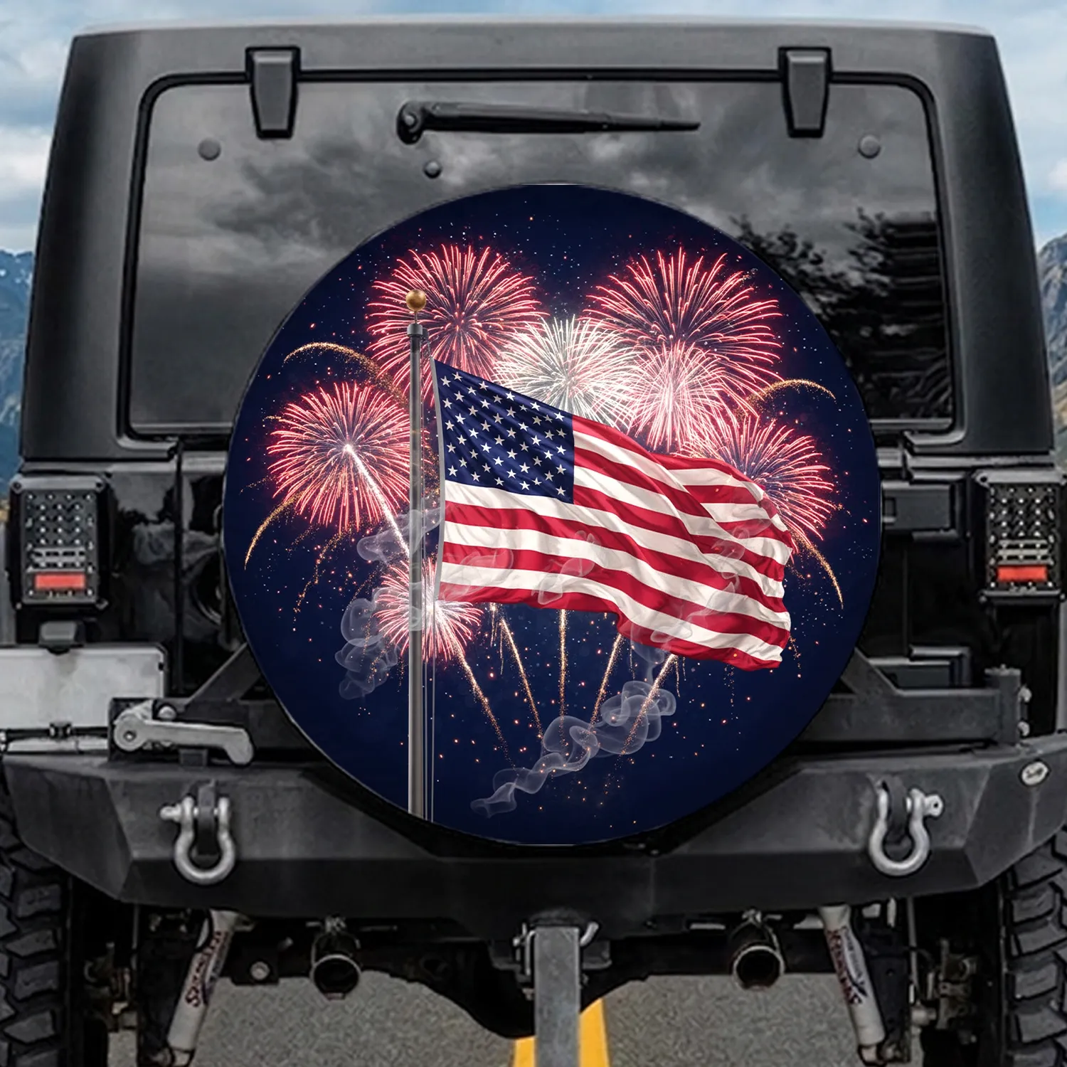 Deep Navy Blue Sky Billowing American Flag Fireworks Display - Independence Day Gift Spare Tire Cover - 1
