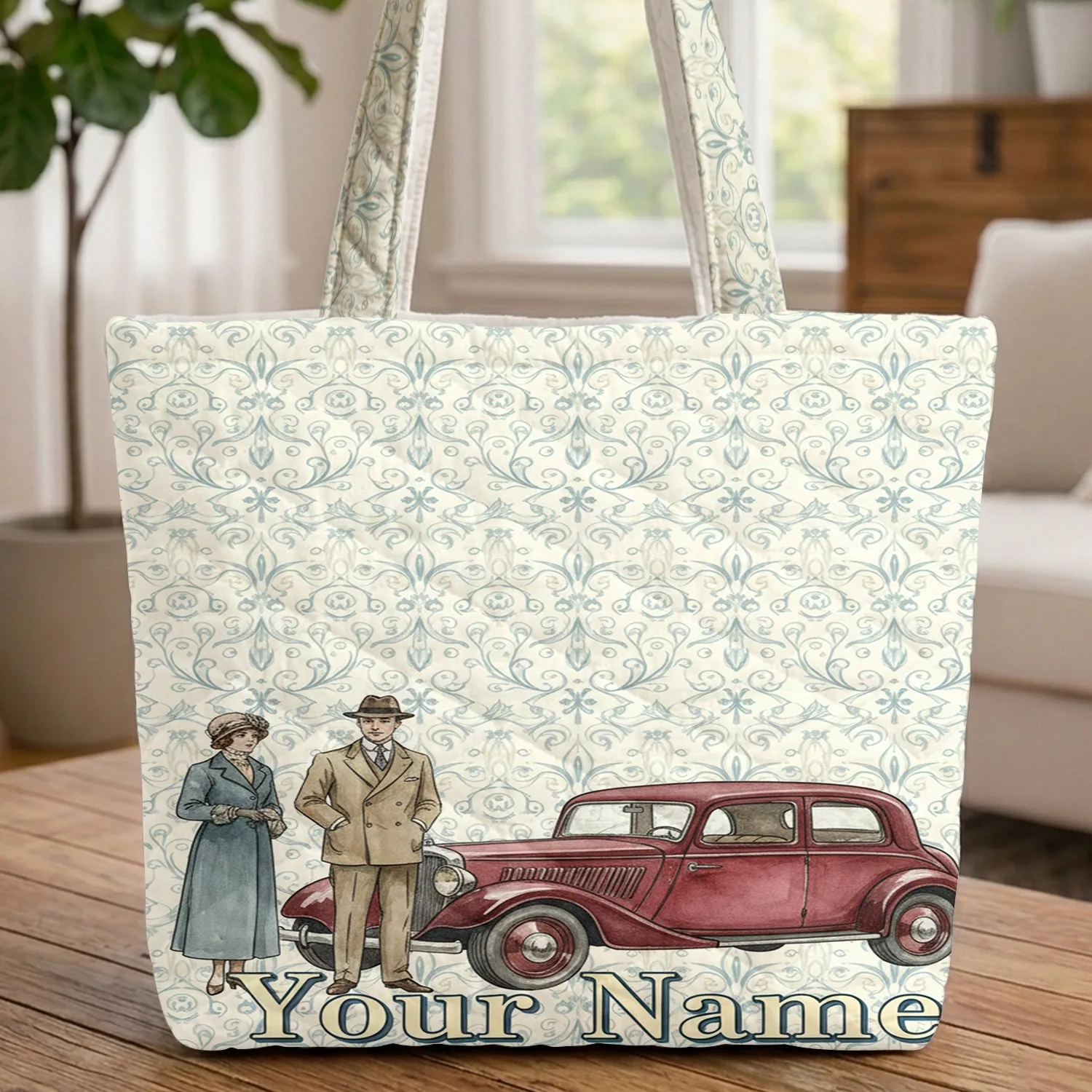 Classic Vintage Parisian Figures Fleur-de-Lis Red Sedan Car Personalized Name - Everyday Carry Gift Quilted Tote Bag - 1