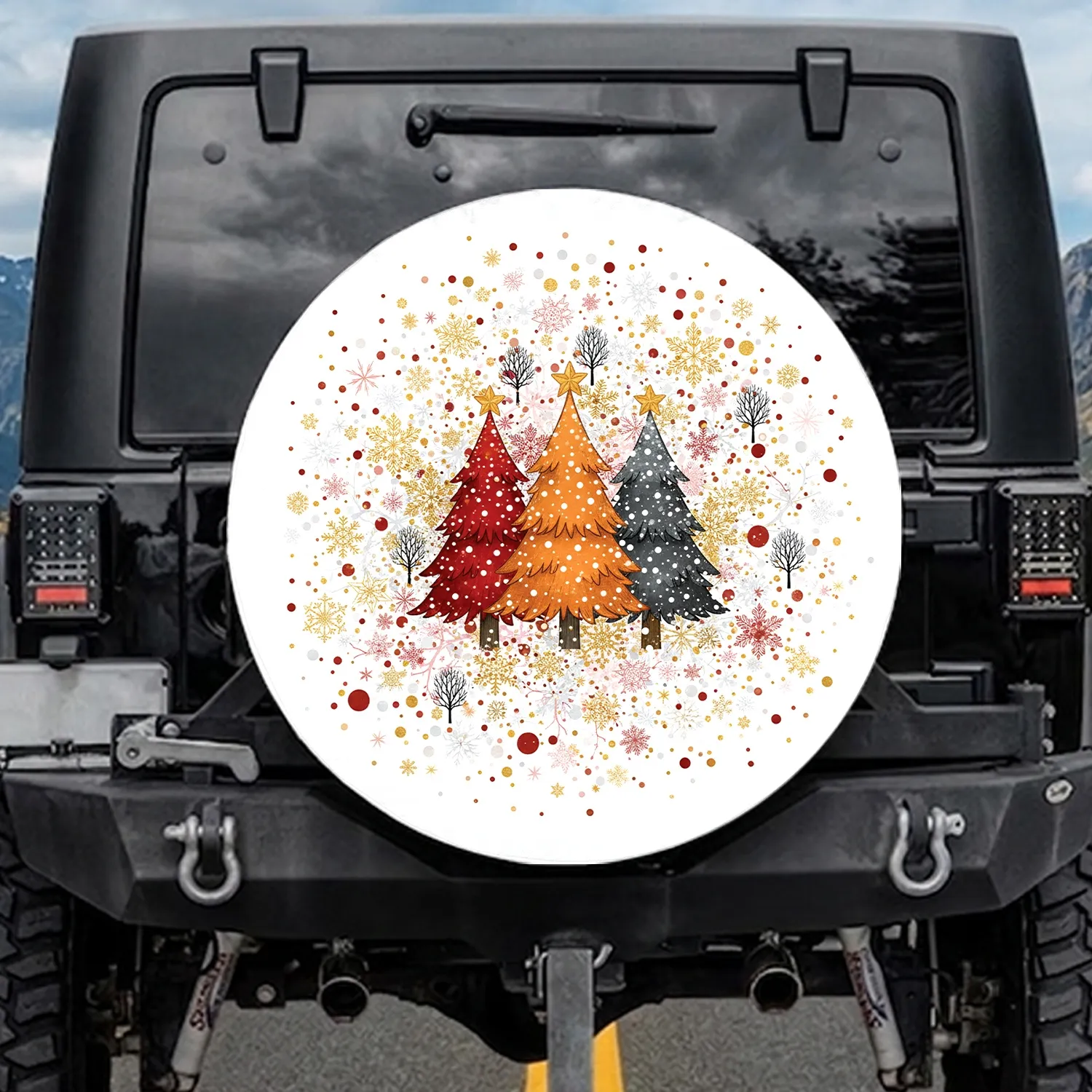 Orange Red Grey Christmas Trees Golden Snowflakes - Winter Holiday Gift Spare Tire Cover - 1