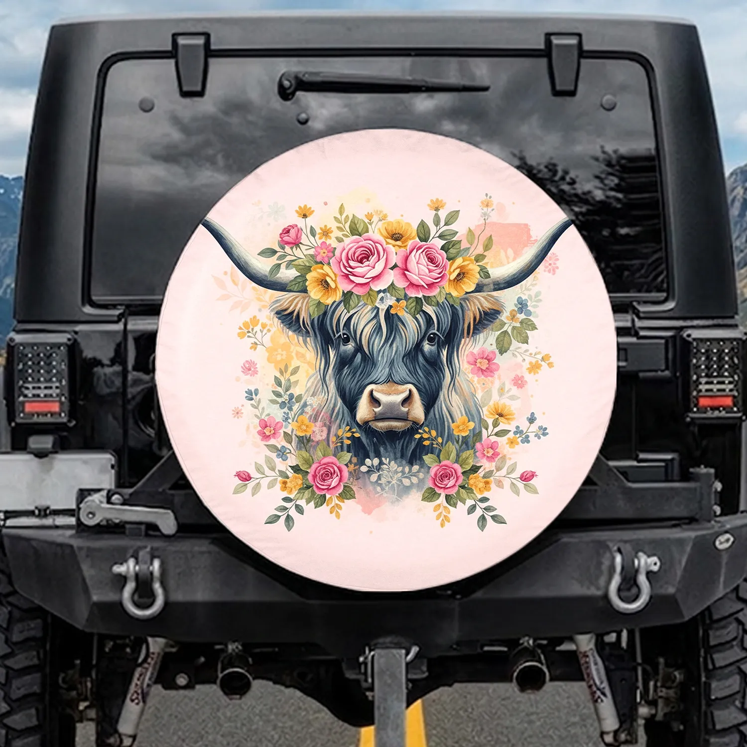Highland Cow Floral Crown Pink Roses Yellow Blooms - Farmhouse Decor Cow Gift Spare Tire Cover - 1