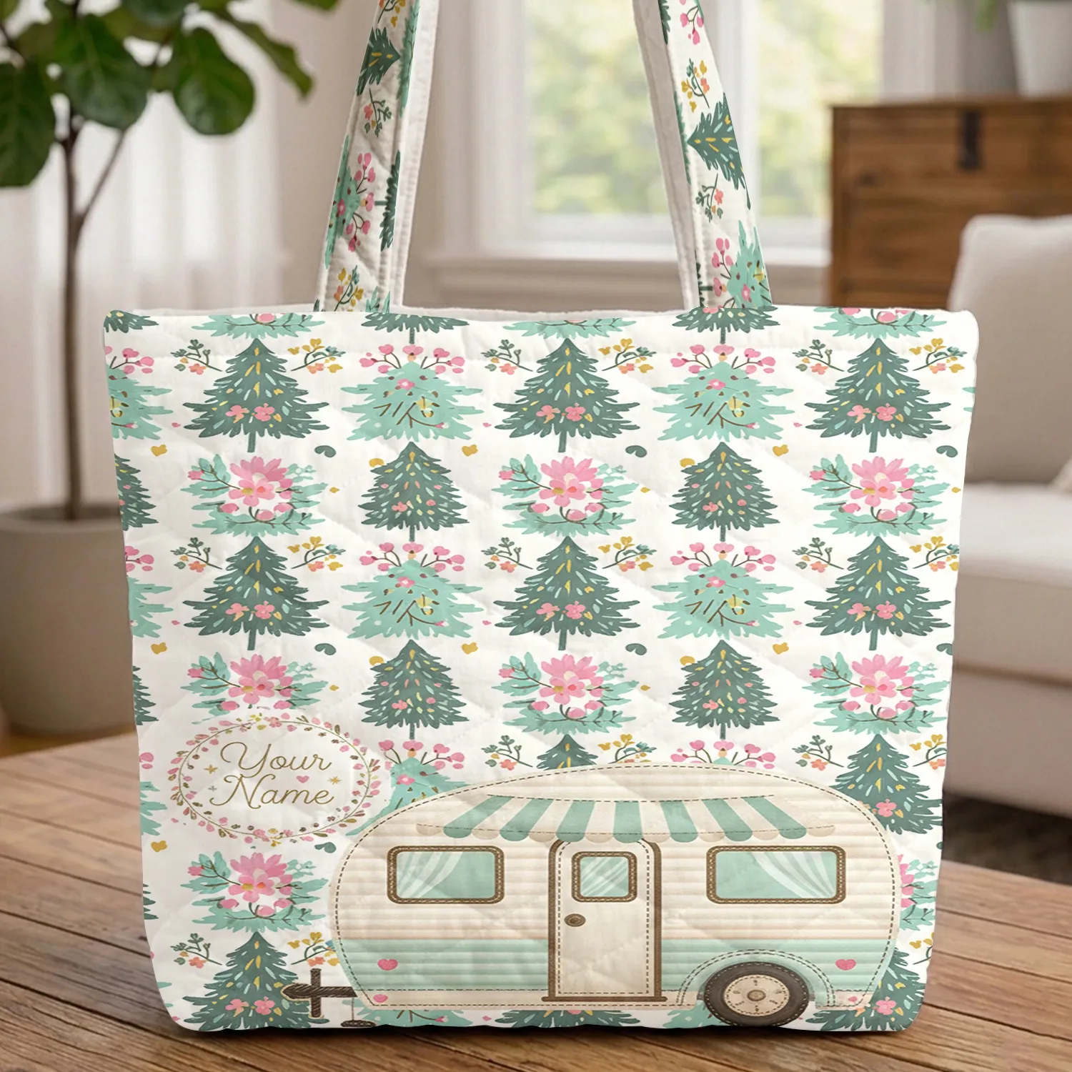 Camper Trailer Evergreen Trees Floral Wreath - Travel Adventure Everyday Carry Gift Quilted Tote Bag - 1