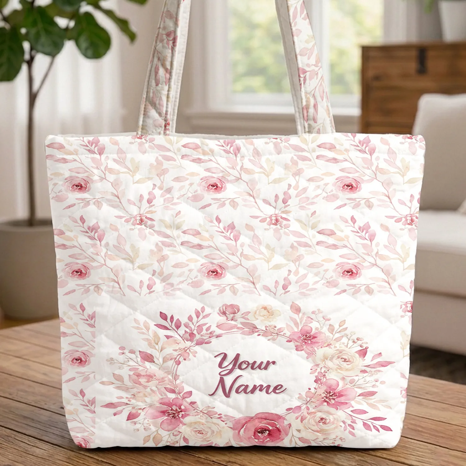 Blush Fuchsia Botanical Wreath Floral Bouquet Everyday Carry Gift Quilted Tote Bag - 1