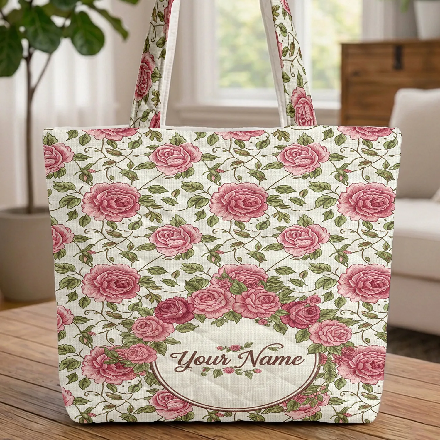 Embroidered Pink Roses Bouquet & Vines Calligraphy Hoop - Everyday Carry Gift Quilted Tote Bag - 1