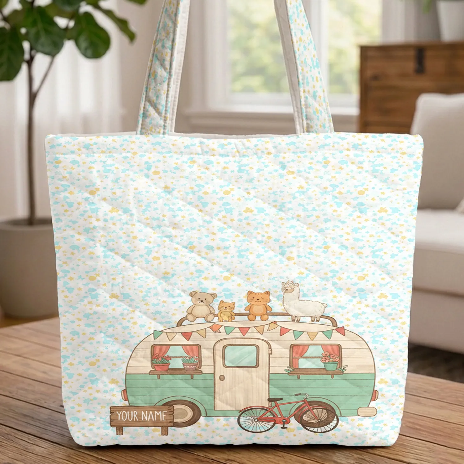 Camper Van Potted Flowers Clouds Stars Personalized Sign - Everyday Carry Gift Quilted Tote Bag - 1