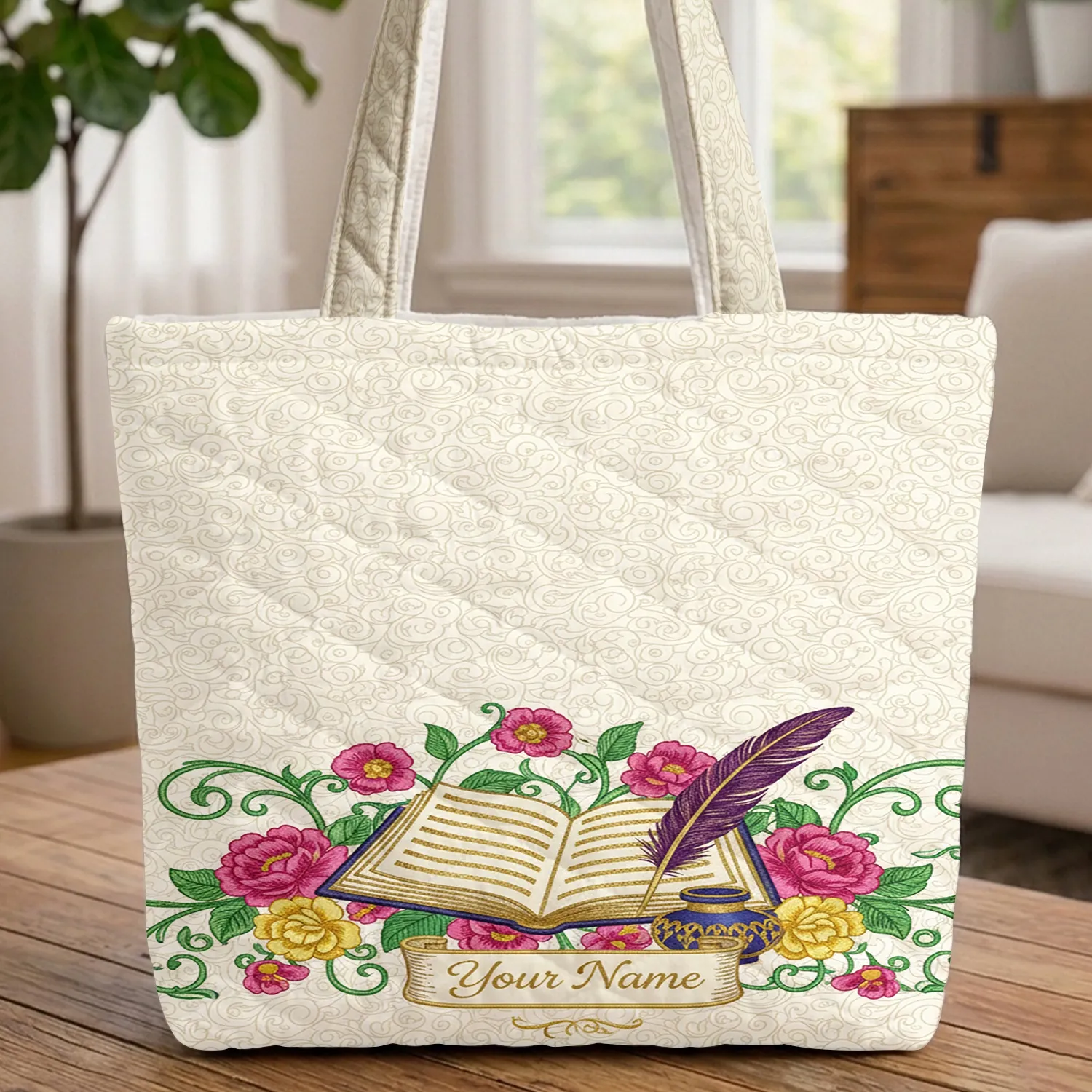 Personalized Ornate Book Quill Floral Vines - Everyday Carry Gift for Reader Quilted Tote Bag - 1