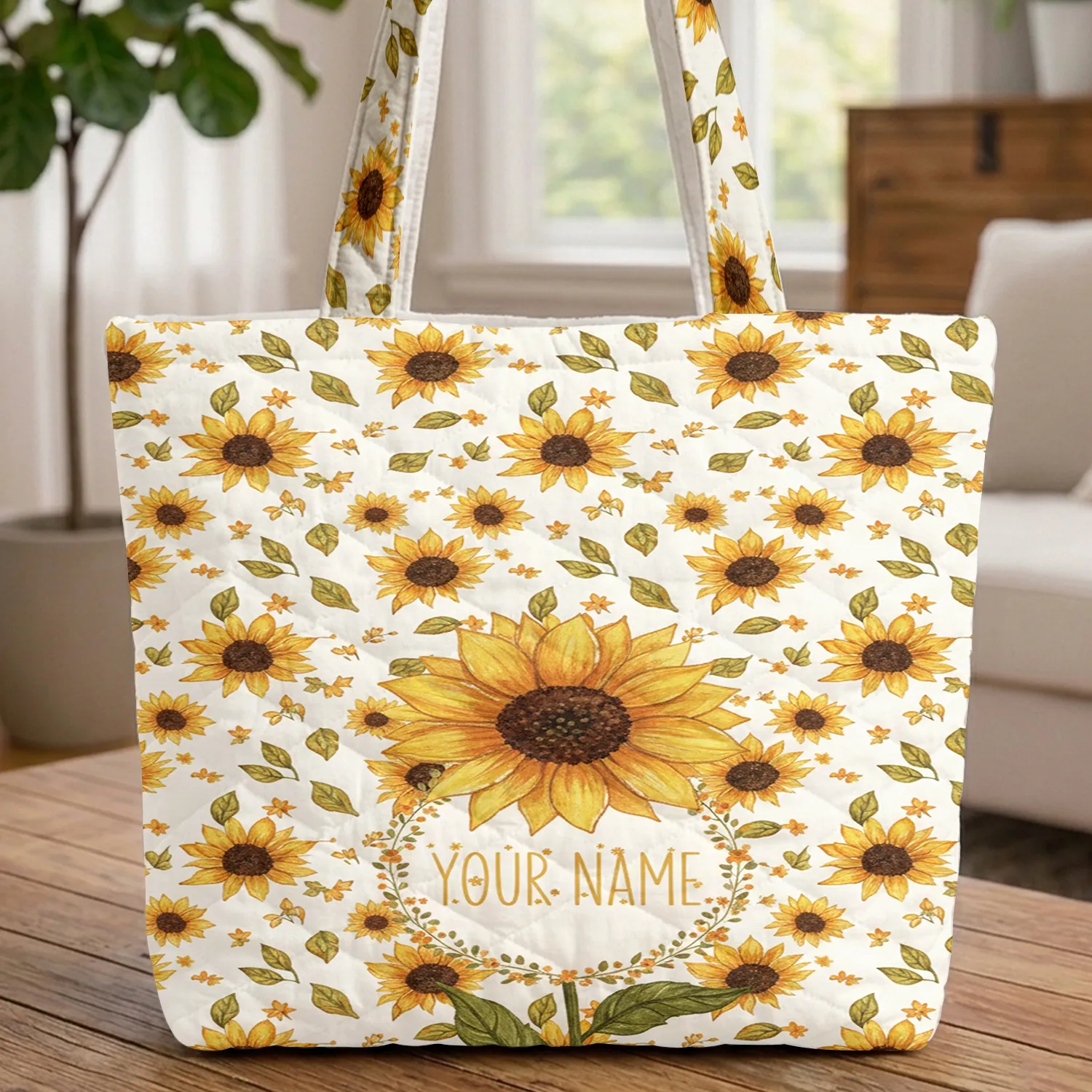 Ornate Sunflower Personalized Floral Wreath - Everyday Carry Gift for Garden Lover Quilted Tote Bag - 1