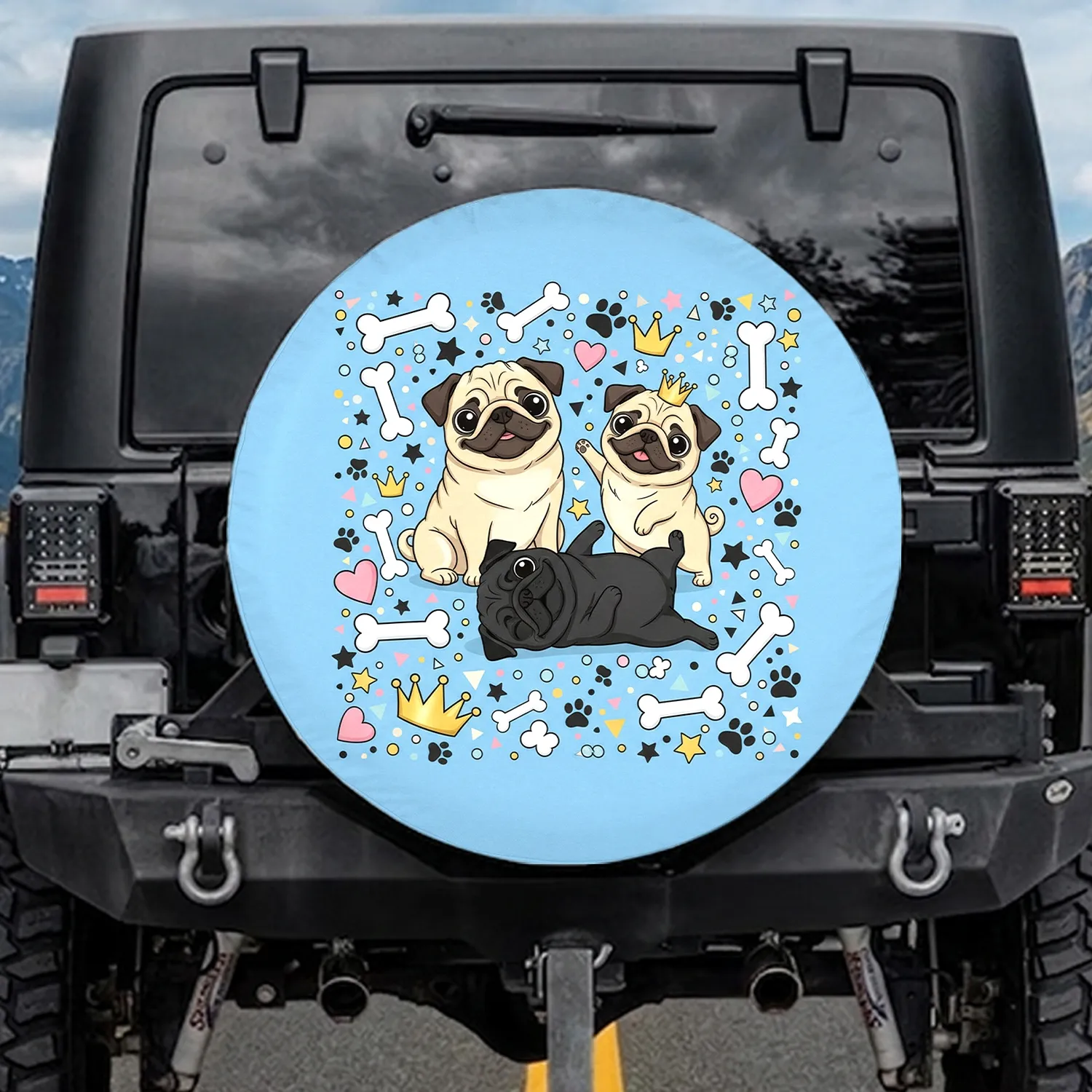 Fawn Black Pugs Dog Bones Paw Prints Crowns Hearts - Dog Lover Gift Spare Tire Cover - 1